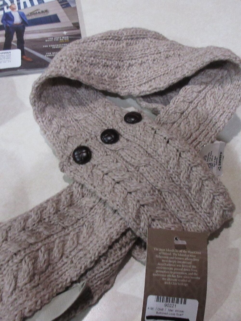 Aran sweater market button loop scarf taupe new wool Ireland